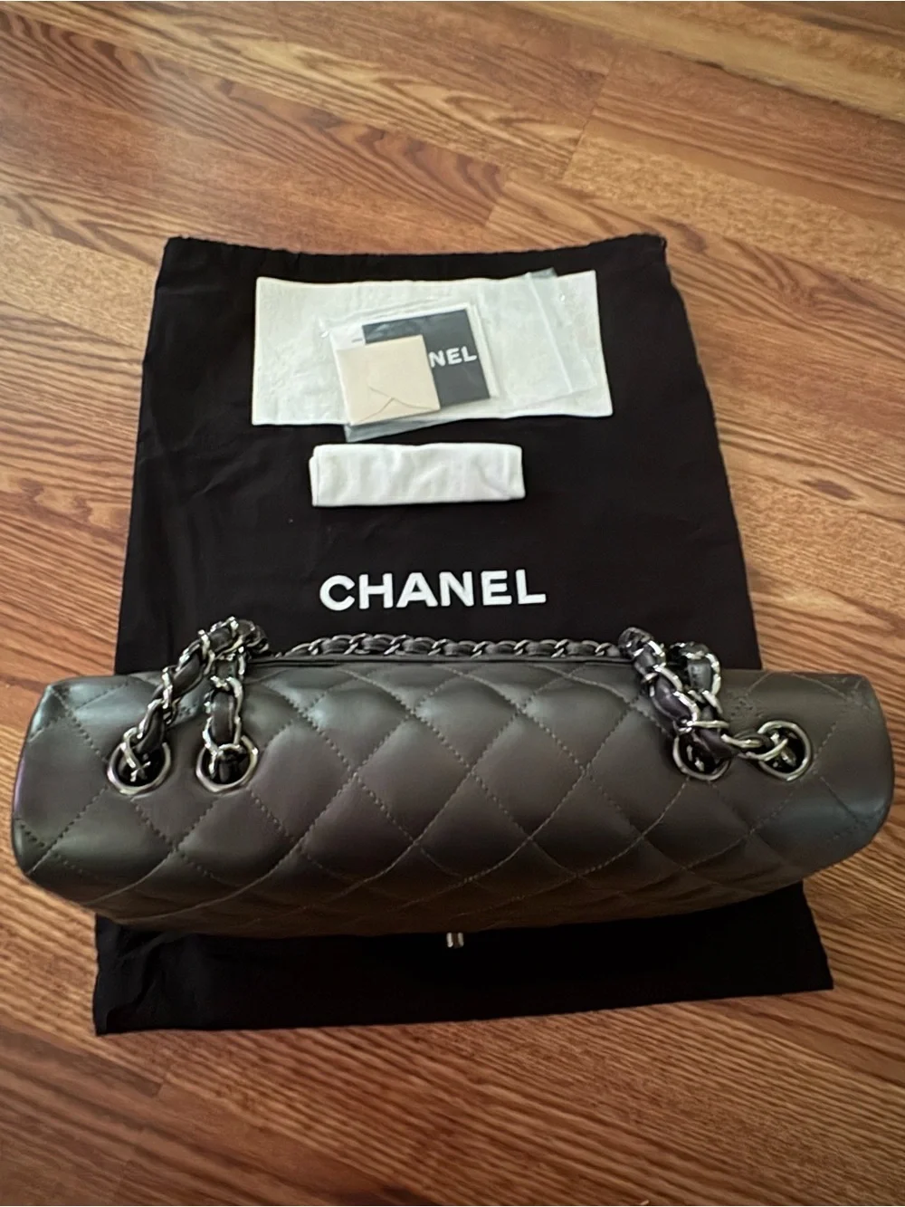 Chanel Medium Classic Double Flap Bag Gun Metal Grey Lambskin Silver Hardware